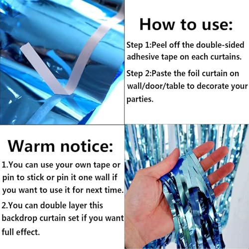 Image of 4 Pack Light Blue Foil Fringe Curtain Backdrop, 3.28Ft x 8.2Ft Metallic Tinsel Foil Fringe Streamer Curtains for Photo Booth Props, Birthday, Wedding, Christmas Decoration Party Supplies New