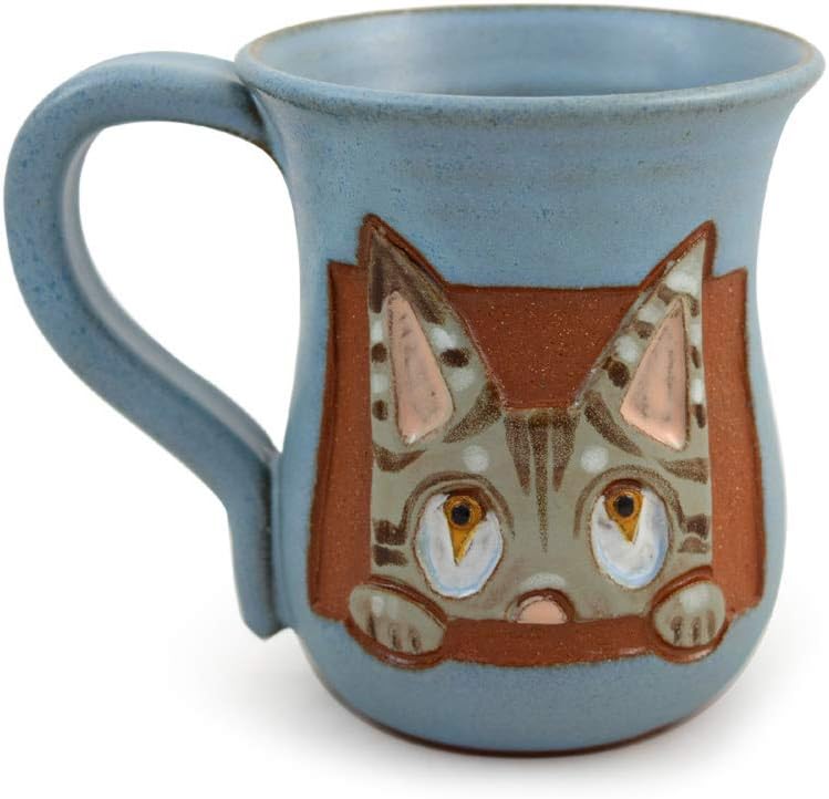Curious Kitty Cat Mug - American Handmade Stoneware Pottery, 14 oz