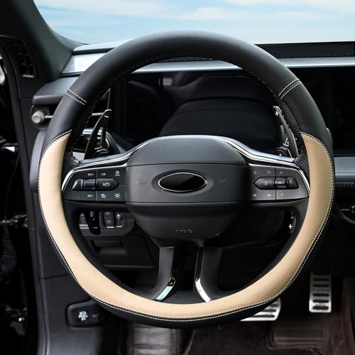 Image of Valleycomfy Microfiber Leather Steering Wheel Cover Universal 15 inch (Beige)