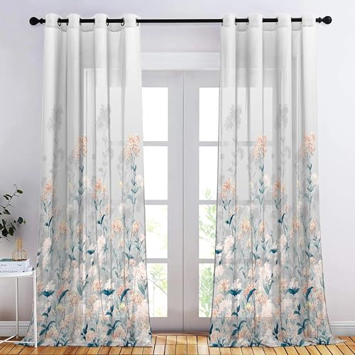 Image of Casableu Tropical Sheer Curtains 9 Feet Long Set of 2 for Long Door, Digital Printed Curtains with Eyelets,Semi Sheer Curtains for Living Room, Tieback Included (Pink 9 feet)