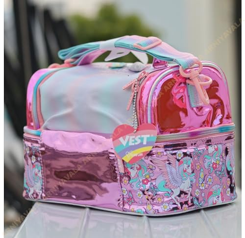 Image of Kids Double Decker Cooler Insulated Lunch Bag Large Tote for Boys, Girls, Men, Women, with Adjustable Strap (Rainbow Unicorn-)
