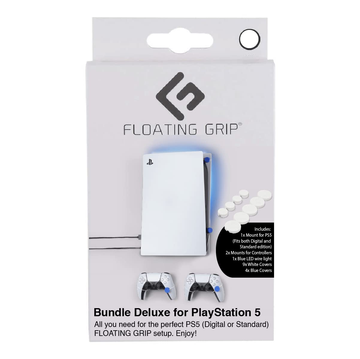 FLOATING GRIP Wall Mount Compatible with PS5/PlayStation 5 – Disk/Digital Edition (Bundle Deluxe Kit incl. Mounts + LED Light + Covers, White)