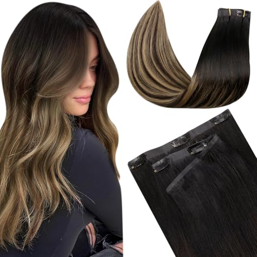 Image of LaaVoo Seamless Human Hair Clip in Extensions Ombre Black Seamless Clip in Hair Extensions Human Hair Invisible Hair Extensions Clip ins Black Ombre Brown Balayage Blonde 22 Inch 140g 7pcs