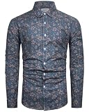 TUNEVUSE Mens Long Sleeve Floral Dress Shirt Flower Pattern Print Button Down Shirts Cotton Gray 3X-Large