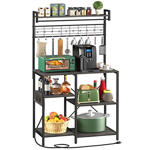 Yoobure Baker's Rack with Power Outlet, Microwave Stand with Storage, Kitchen Stand with 10 Hooks, Industrial Bakers Rack for Kitchen Storage Shelf Coffee Bar Station for Spices, Pots and Pans