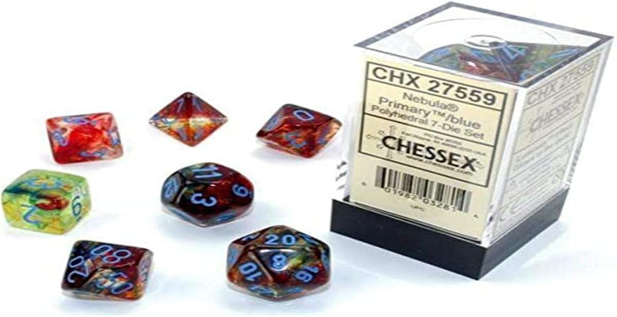 Chessex Nebula Polyhedral Dice Set Primary with Blue Luminary (7 dice)