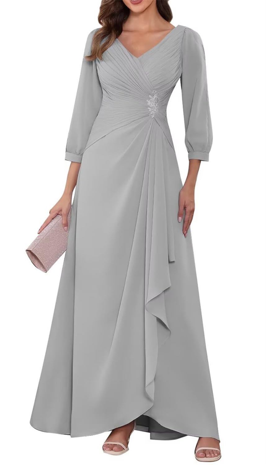 Kiyne Women's Silver Long Sleeve Mother Of The Bride Dresses For Ruched Ankle Length Chiffon Mother Of The Groom Dress Uk16