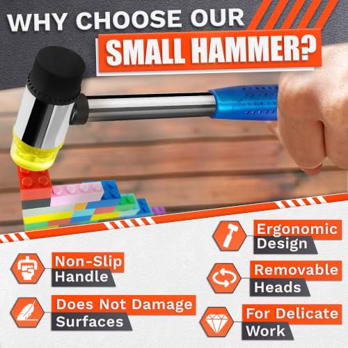 Image of Small Rubber Mallet Hammer, Blue 25mm Double-Faced Soft Face Mallet with Soft Rubber & Hard Plastic Heads, Non Marring Jewelry Hammer for Leather Craft, Tile, Furniture Repair, Hobby & DIY Projects