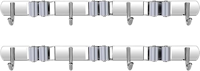 Cikonielf Stainless Steel Broom Holder 3 Clips and 4 Hooks Mop Holder For Kitchen Gray 2Pcs