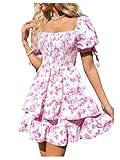 Floerns Women's Floral Print Puff Sleeve Square Neck Tiered Layer Shirred Dresses Pink X-Small