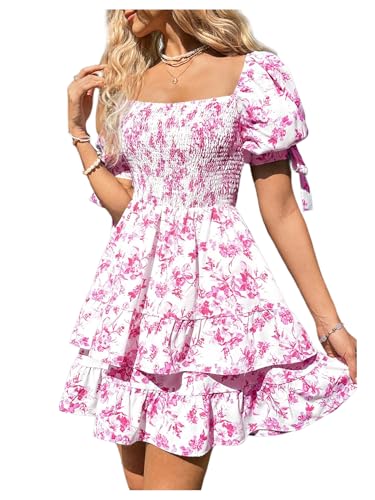 Image of Floerns Women's Floral Print Puff Sleeve Square Neck Tiered Layer Shirred Dresses