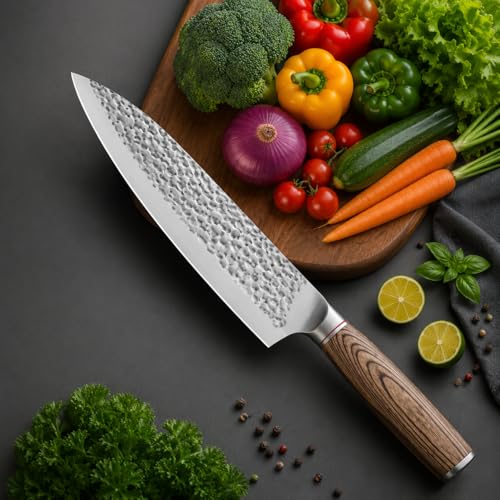 Image of Professional Chef Knife -8 Inch Japanese Style Kitchen Knife with Stainless Steel Blade & Wood Handle-Ultra Sharp Multipurpose for Vegetables & More (Dot Knife)