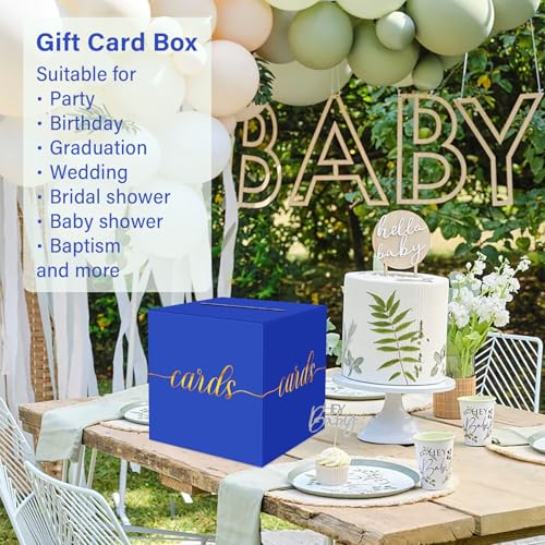 Image of 1 Pack Blue and Gold Foil Card Box for Party, 8.7 inch Blue Gift Card Box Money Box for Birthday, Wedding, Baby Shower, Retirement, Anniversary, Bridal Shower, Raffle Ticket