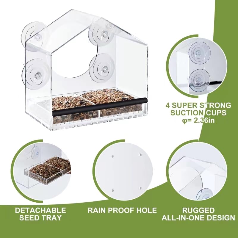 Window-Bird-Feeder-with-Strong-Suction-Cups-Large-Window-Bird-Feeders-for-Viewing-Transparent-Acrylic-Window-Bird-Feeder-for-Outside-Bird-Watching-Gift-for-Elder-Cats-Bird-Lovers Jarkyfine Window Bird Feeder with Strong Suction Cups - Clear Window Bird Feeders for Viewing, Transparent Acrylic Bird Feeder for Window with Detachable Tray Easy to Clean, Gifts for Dad Mom - Image 5