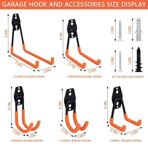 Tompig Garage Hook, 13 Pack Garage Bike Hook Steel Wall Hooks Heavy Duty, Wall Mount Garage Storage Hooks with Anti-Slip Coating Storage Hooks for Tools, Ladder, Utility, Bike Hooks (Orange)