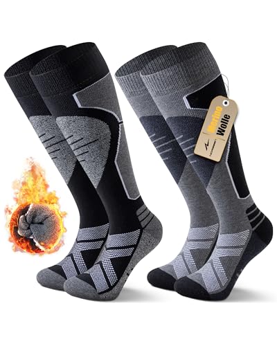 Niorasen 2 Paar Merino Skisocken Herren Damen, Thermo Snowboard Socken, Skistrümpfe mit Polsterung, Wärme Kniestrümpfe für Skifahren, Snowboarden, Outdoor Wintersport, Size M, Schwarz Grau