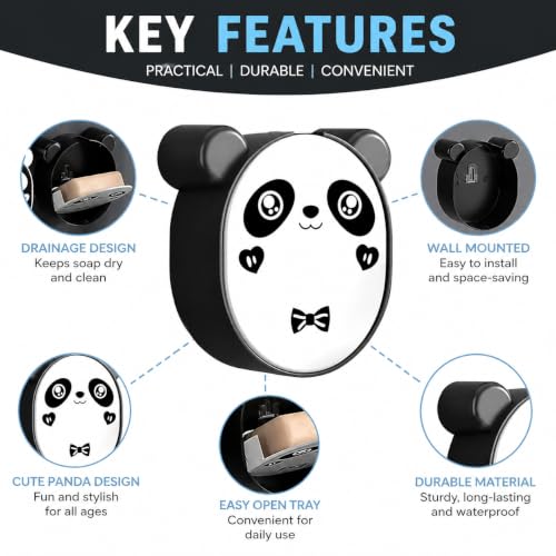 Image of Wall Mounted Panda Soap Holder with Drain Tray, Self Adhesive Soap Box Case, Flip-Top Soap Storage Container, Waterproof ABS Plastic Soap Dish for Bathroom, Kitchen & Wash Basin