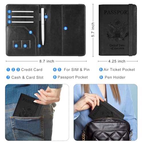 ACdream RFID BLOCKING Passport Holder Travel Wallet, Premium PU Leather Cover Passport Book with Card Holder, Pen Holder, Keep Organization, and Travel Essentials for Women and Men, Black