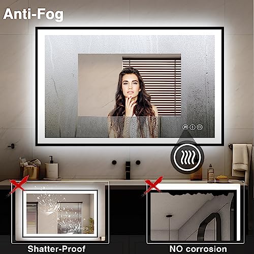 48x32 LED Bathroom Mirrors for Wall -Black Aluminum Framed (Front and Backlit), Anti-Fog Vanity Mirror With Lights,Stepless Dimmable Lighted Mirror,3 Colors Smart Mirror(Horizontal/Vertical)