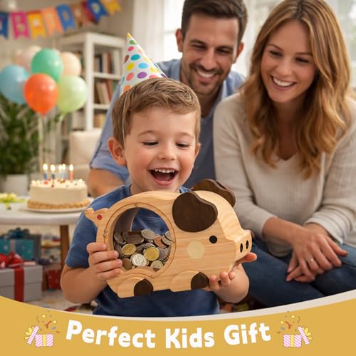 Image of Wooden Piggy Bank for Kids, Cute Money Bank for Boys, Clear Coin Bank with Plug, Wood Kids Bank Toy Unbreakable Money Box, Personalized Gift for Children Birthday Christmas and Festival