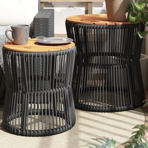 Mokuyary Juego de 2 mesas auxiliares de jardín con tablero de madera, polirratán, color negro, mesita de noche, mesa de teléfono, para salón, dormitorio, sofá, oficina