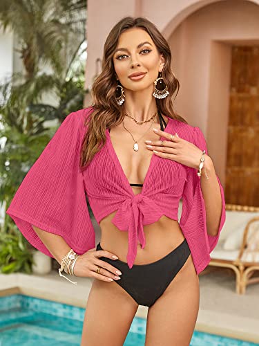 ZAFUL Women's Cropped Bolero Sheer Shrugs for Dress Short Sleeve Tie Front Cardigan