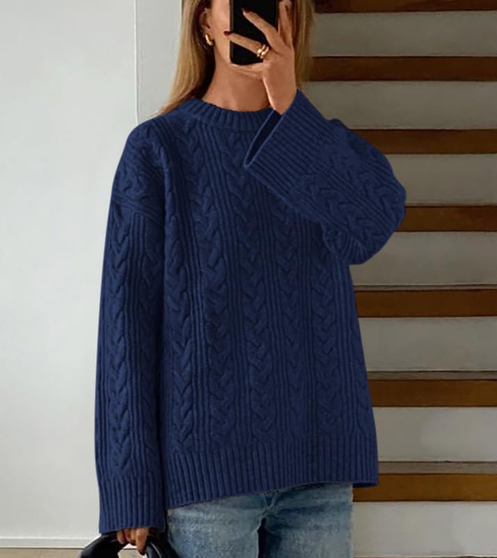 Okiwam Women's Oversized Sweaters Crewneck Cable Knit Pullover Casual Loose Fall Outfits Fashion Clothes 2025