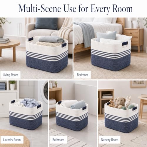 Image of Cotton Rope Laundry Basket Medium, 15.4GAL Collapsible Woven Storage Baskets for Living Room Kids Toys Stuffed Animal,Boho Rectangular Decorative Short Hamper for Dirty Clothes, Blankets Denim Blue