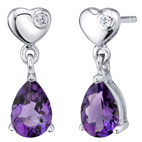 Peora Amethyst Heart Dangle Earrings in Sterling Silver, Teardrop Pear Shaped 7x5mm, 1.25 Carats total, Friction Backs
