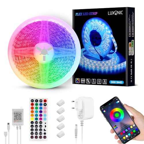 LUXONIC Étanche Bande Led 5m, 60 LED/Mètre, 300 LED, 5050 RGB Ruban LED, APP et Télécommande, Synchronisation de la Musique, 24V Bandeau pour Decoration Chambre, Salle de Jeux, Fête, Festival