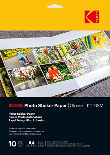 KODAK Photo Sticker Paper - Papier Photo Autocollant, Finition Brillante, Pack de 10 Feuilles, Format A4 (21x29,7cm), 120 gsm, Compatible avec Imprimantes Jet...
