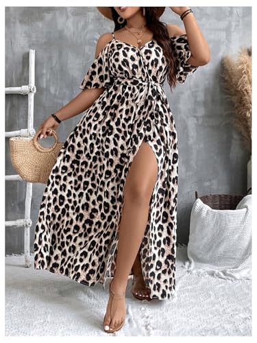 Image of Floerns Women's Plus Size Cold Shoulder Short Sleeve Split Thigh Long Dress