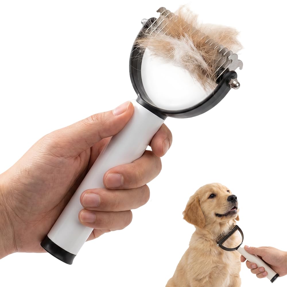 2-in-1 Dematting Comb for Dogs & Cats, Double Sided Pet Pro Grooming Tool, Safe Detangling & Deshedding Long Haired Dog Brushes Undercoat Rake with Built-in Lint Roller (1, Black)