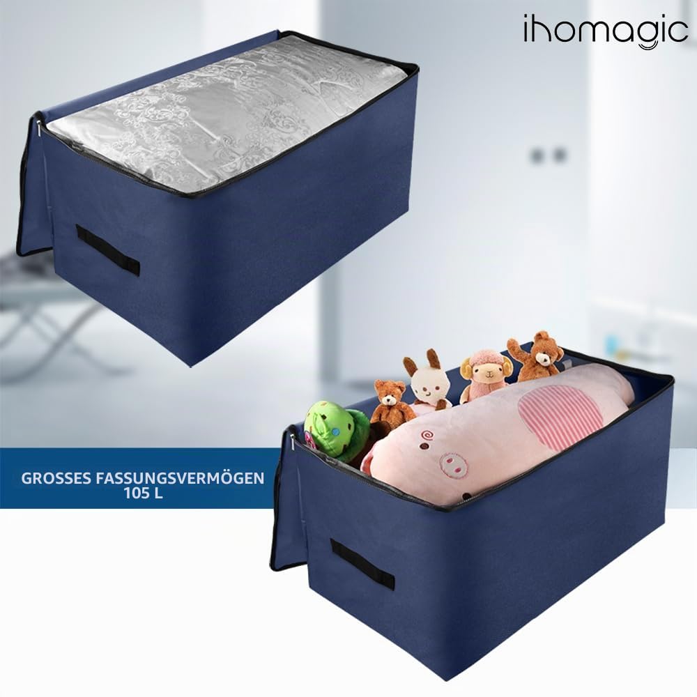 2Pack Unterbett Aufbewahrungsbox mit Deckel, 105L Große Aufbewahrungsbeutel mit Girff, Tragbar Unterbettkommode Stoff, Aufbewahrungstasche für Bettdecken, Kleidung, Decken, Dunkeblau