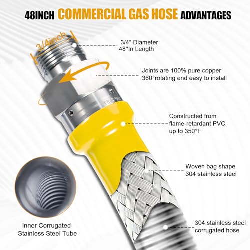 3/4\" × 48 inch Commercial Gas Line Hose, 1675KIT48 Safety System Kit, Mobile Gas Hose Connector Kit for Commercial Kitchen, with 3/4\" Quick Disconnect