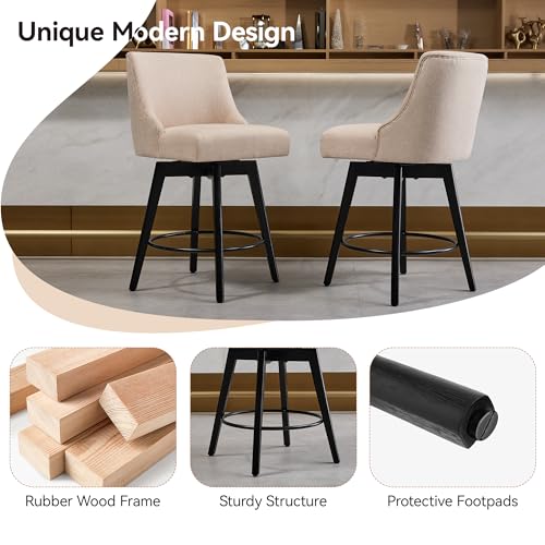 Image of Swivel Counter Height Bar Stools Set of 2, Modern Fabric Swivel Barstools with Contoured Back and Solid Wood Legs, Upholstered Counter Stool Bar Chairs for Kitchen Island, Home Bar, Beige