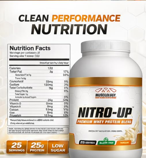 Image of MUSCLEOLOGY Nitro-Up Whey Protein Blend - 25g Protein, BCAAs, EAAs & Digestive Enzymes - Vanilla, Chocolate, Cookies & Cream - 2lb & 5lb (2Lbs, Vanilla)