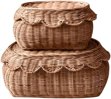 Amazon.com: Small Basket Set of 2, Hand Woven Scallop Rattan Baskets ...