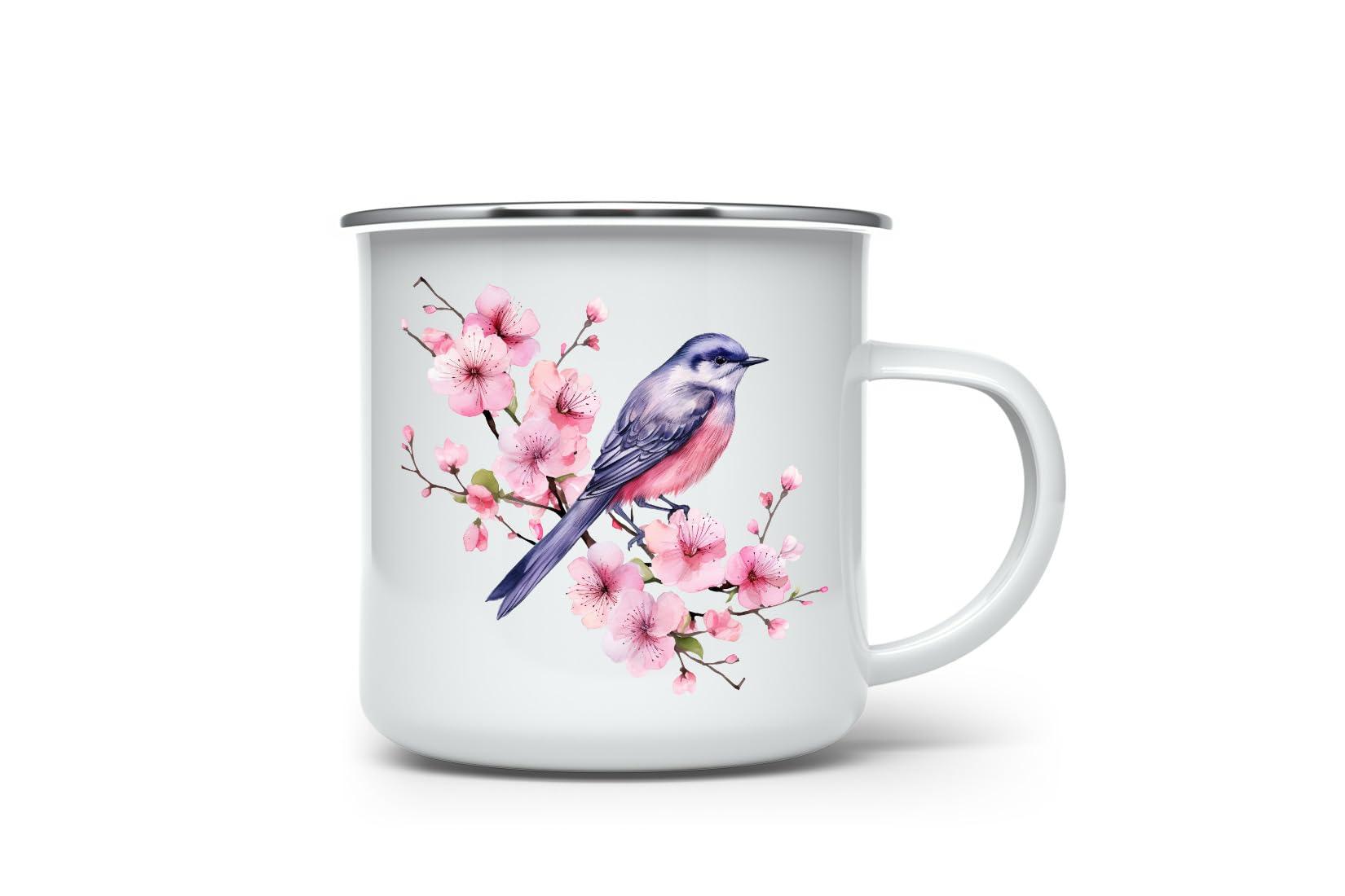 MAXIKIWI - Durable Enamel Coffee or Tea Camping Mug for Indoor Outdoor Use - Fairy Bird Flower Watercolor - 350ml
