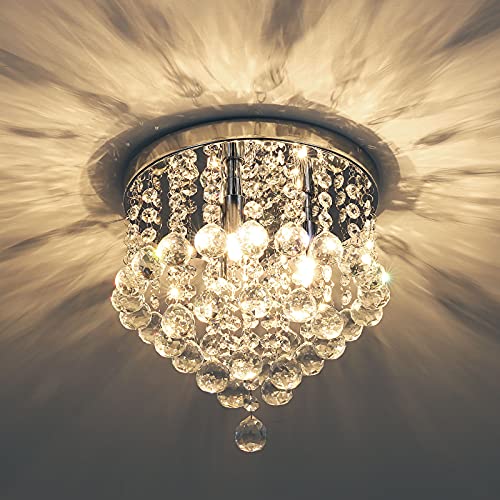KPIOK 3-Light Mini Crystal Chandelier, 10" K9 Crystal Flush Mount Ceiling Light, Modern Crystal Chandelier Lighting, Crystal Ceiling Light for Hallway, Bedroom, Dining Room, Foyer, Kids Room, Entryway