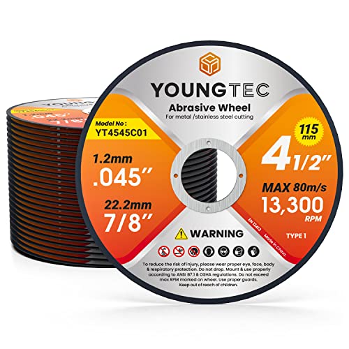 YOUNGTEC 4 1/2 Cut Off Wheel, Quality Thin 4 1/2”x0.045”x7/8” Grinder Wheel, Metal & Stainless Steel Aggressive Cutting Wheel for Angle Grinder, General Purpose Metal Cutting, 25 Pack