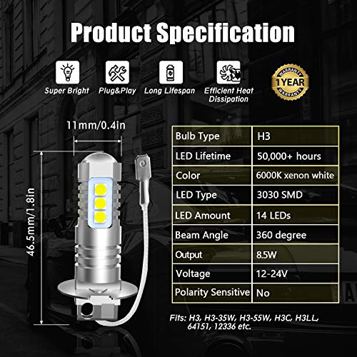 Brishine BRI-FOG14SMD3030-H3W H3 Led Fog Light Bulbs 6000K Xenon White thumb #5