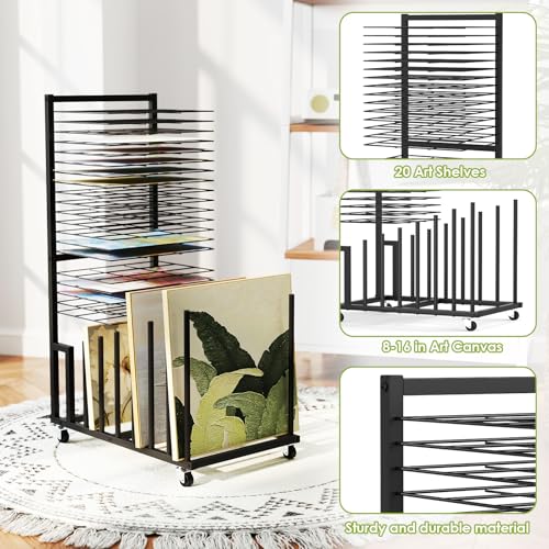 Image of mopam Art Drying Rack Paint Drying Rack with 20 Removable Shelves and 8 Canvas Columns Metal Art Storage Rack with Lockable Wheels for Classroom, Art Studios and Schools 38.2x25.6x15.8 in