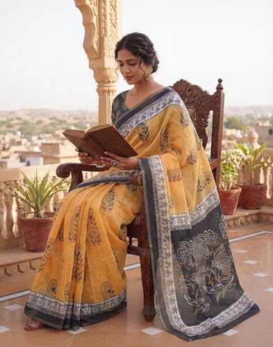 Image of SIRIL Women's Printed Cotton Linen One Minute Ready to Wear Saree With Unstitched Blouse Piece