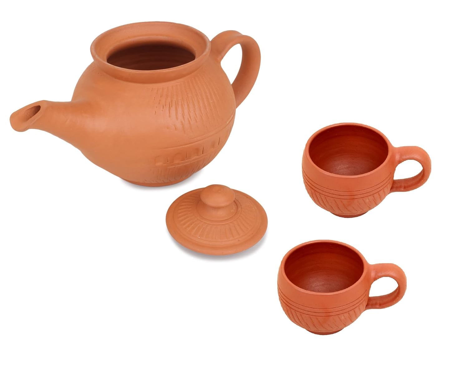 KRISHANA EXPORT STORE Handcrafted Mitti Clay Tea Kettle with Lid and Tea Cup Coffee Cup Set - Handmade Earthen Clay Kulhad Kullar Chai ke Cup Kettle (750 ml) - Cups (100 ml - Pack of 2)