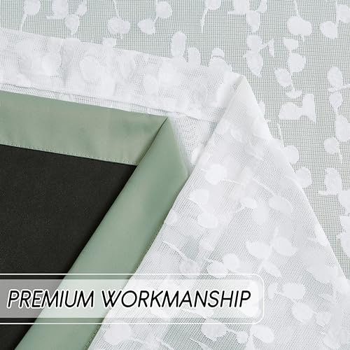 Image of Mix Matched Green Full Blackout & Sheer Leaf Lace Curtains 52 inchWx95L 6Panels | White Lace Sheer Leaf & Green Blackout Combo Set, 2 Blackout+2 Sheer Panels, 4-Piece Set, Mix and Match Style Grommet Top