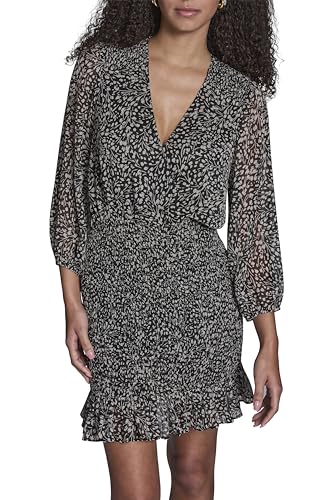 Image of BCBG Women's Long Sleeve V Neck Smocked Chiffon Ruffle Hem Mini Dress