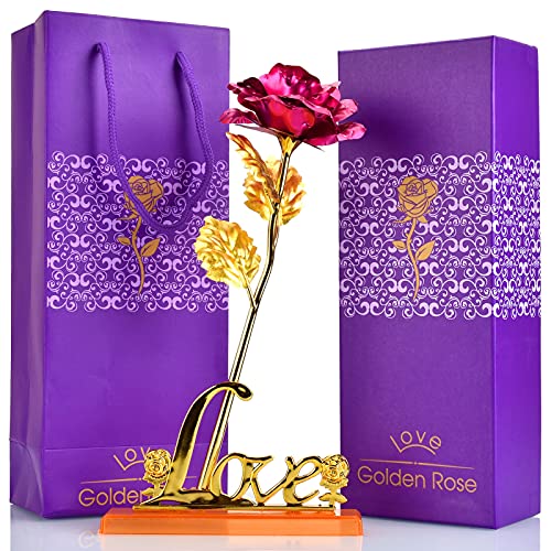 24 K Gold Rose Blume / Goldfolie Künstliche Forever Rose mit "Love" Ständer & Geschenkbox Beste romantische Geschenke für Valentinstag, Muttertag, Jahrestag, Geburtstag, Weihnachten (Rose rot) Cover