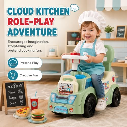Image of Cloud Kitchen Ride On Toy for Kids 1-5 Years with LED Lights, Front & Rear Storage, Foot to Floor Ride On Car, Comfortable Backrest, Kids Ride On Car for Boys & Girls