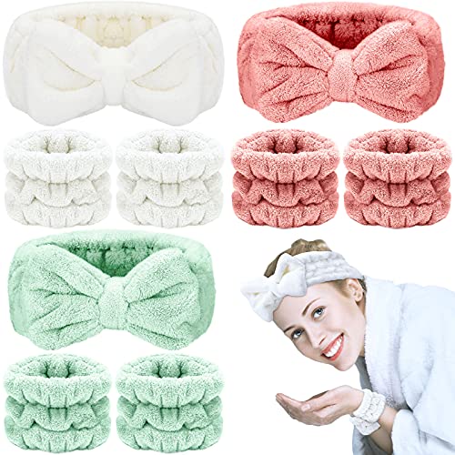 9 Pieces Spa Headband Wrist Washband Face Wash Set, Include 3 Pieces Microfiber Headband and 6 Pieces Wrist Washband, Facial Wash Spa Yoga Sports Shower Hair Band (White, Pink, Light Green)